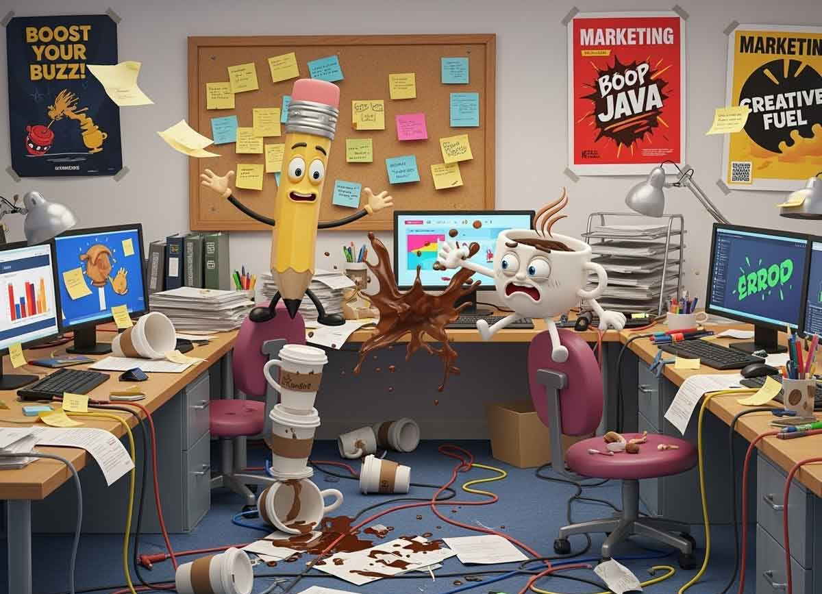Marketing chaos illustration showing Pencil and Coffee mascots Woody and Java in messy office with spilled coffee and scattered marketing materials